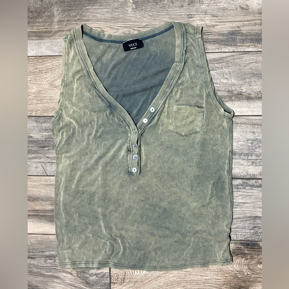 VICI Olive Washed Sleeveless Henley Tank Top